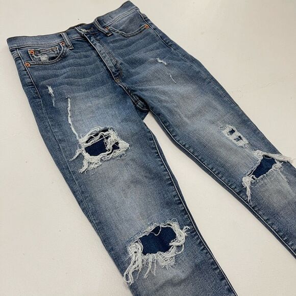 GAP high waisted rise true skinny raw hem distressed patch denim blue jeans 26 - Picture 8 of 11